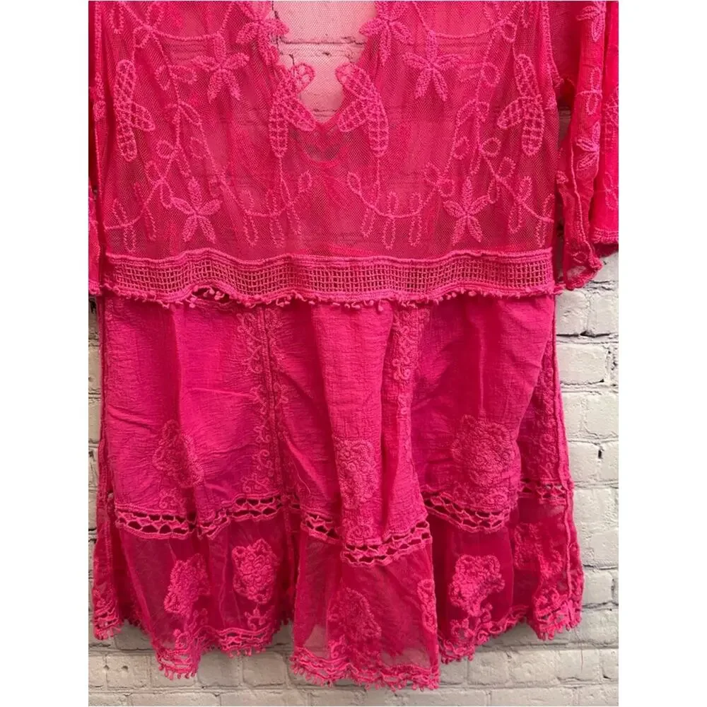 Women’s Sheer Lace V-Neck Swim Coverup Hot Pink Vacation Cruise One Size - Picture 5 of 9
